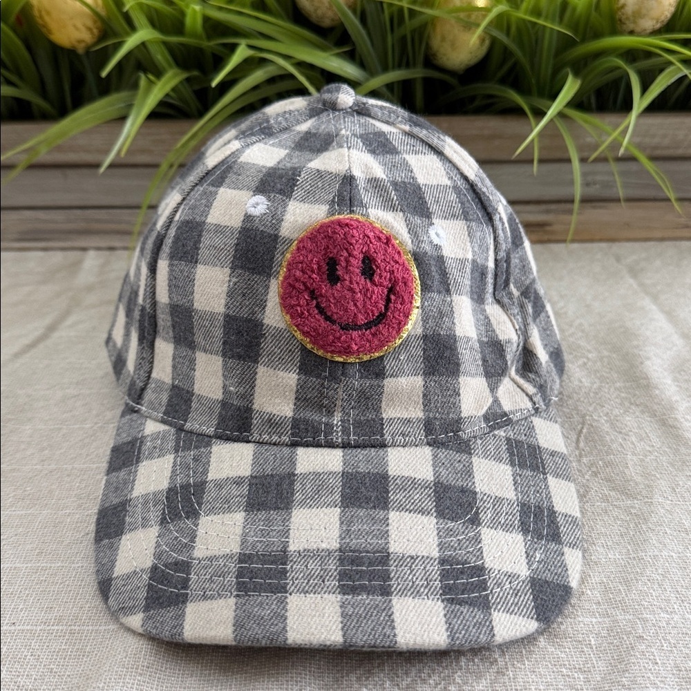 Cocus Pocus Smiley Face Hat Gingham Check Pink Patch Baseball Cap NWOT